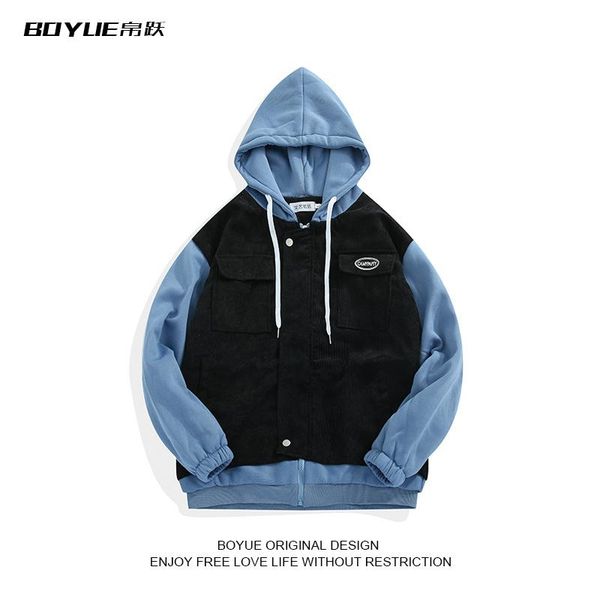 

men's hoodies & sweatshirts jump autumn splicing fake two piece hooded jacket corduroy zipper work clothes loose, Black