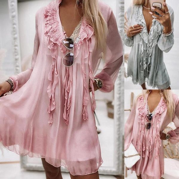 

casual dresses 2021stylish party dress solid color skin-friendly tassel elegant v neck long sleeve chiffon sundress daily wear, Black;gray