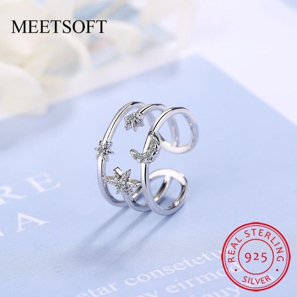 

cluster rings 925 sterling silver opening ring for women simple adjustable circle crystal double layer moon-star jewelry gift, Golden;silver
