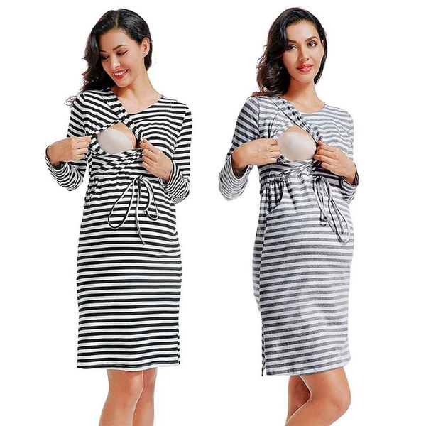 

autumn women maternity casual patchwork cotton blends dresses nursing solid pregnant striped dress for breastfeeding clothes, White