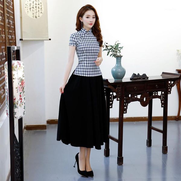 

fashion womens blouse skirt sets traditional chinese 2pc short sleeve shirt mandarin collar lady cheongsam dress size s-xxxl women's tw, White
