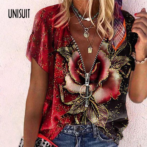 

women's blouses & shirts vintage rose print women 2021 summer v neck short sleeve zipper pullover female elegant loose casual blusas, White