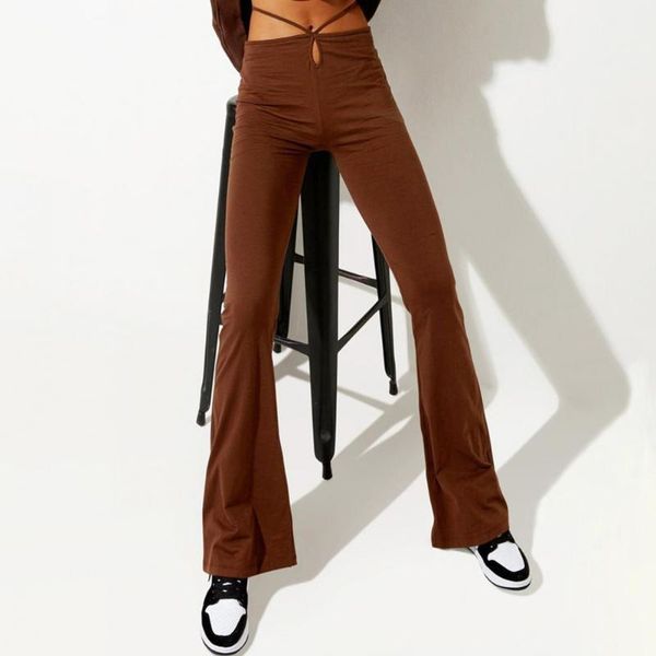 

women's pants & capris women slim solid color stylish lace up polyester breathable high waist comfortable wide leg trouser 2 colors, Black;white
