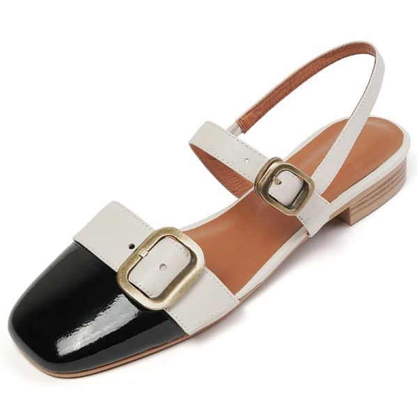 

sandals women's genuine leather double metal buckle square toe mix color patchwork slingback flats soft comfrotable casual shoes, Black