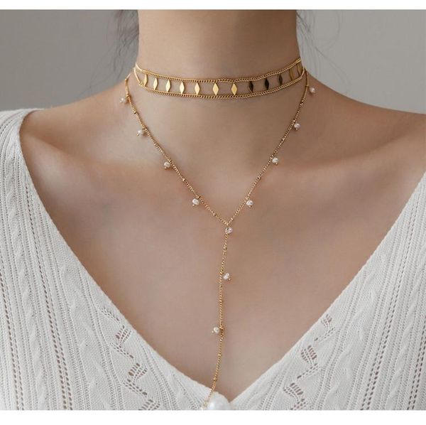 

timeless wonder titanium natural pearl geo wrap necklace women stainless steel jewelry gothic designer statement trendy 6443, Golden;silver
