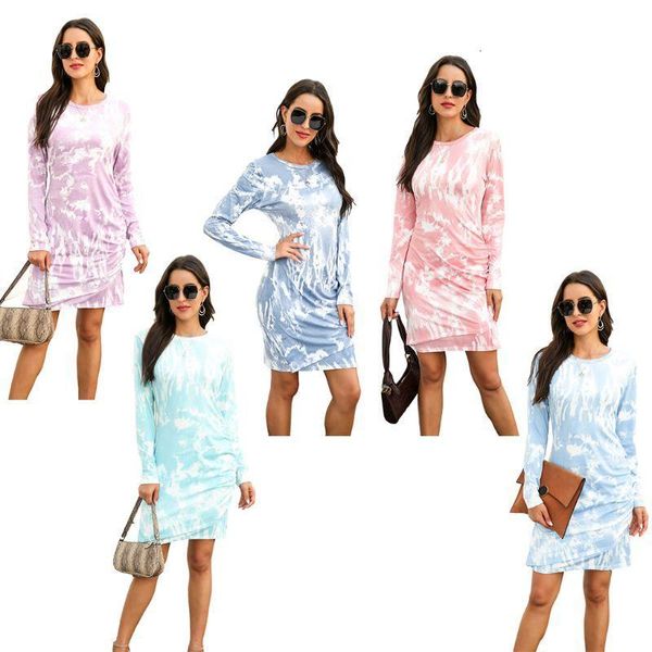 

autumn fashion women tie-dye long sleeve casual party slim dress round neck pullover streetwear dresses uwwi, Black;gray