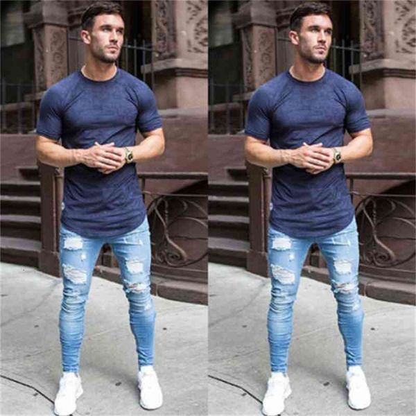 

men's jeans fashion mens stretchy ripped skinny biker destroyed taped slim fit denim pant vintage hole pencil trousers gl5t, Blue