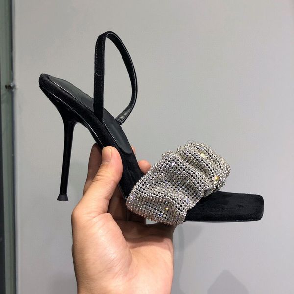 

casual designer lady women sandals black suede genuine leather crystal pointy toe stiletto stripper high heels slingback zapatos mujer sanda