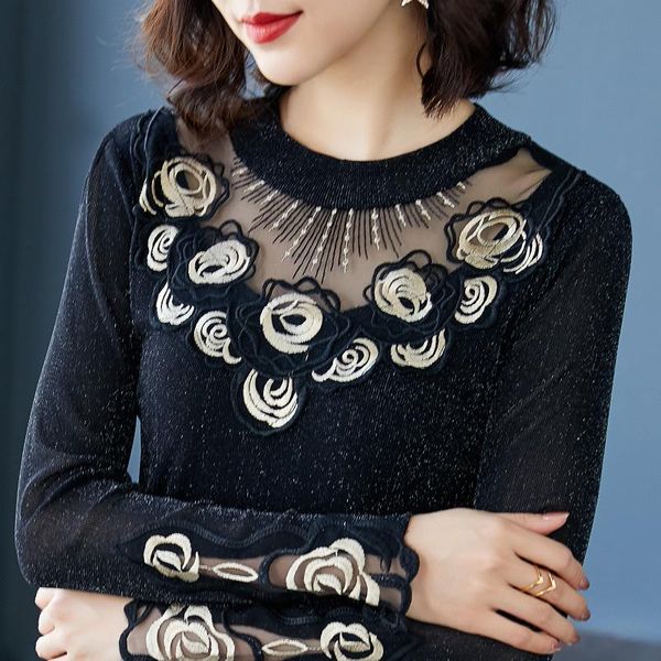 

women's t-shirt autumn women fashion casual long sleeve mesh embroidered elegant slim patchwork 5xl tshirts, White