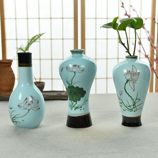 

vases dehua ceramic vase three piece necked ornaments decorated celadon small fresh table office furnishings