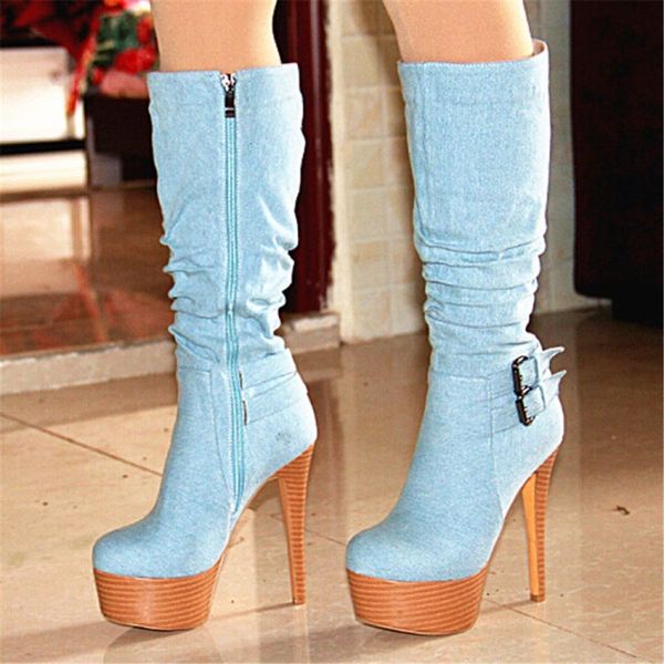 

boots ol'fashionable feminine platform high knee denim stiletto boots heels round toe blue casual shoes woman plus me size 5-15 psnr, Black
