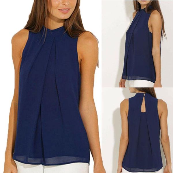 

solid v neck summer womens navy blue fashion vest chiffon sleeveless t shirt dress size s xl, White