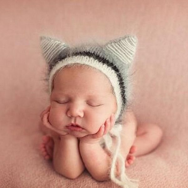 

caps & hats born pography props mohair ear hat baby handmade knit soft gorro 85de, Yellow