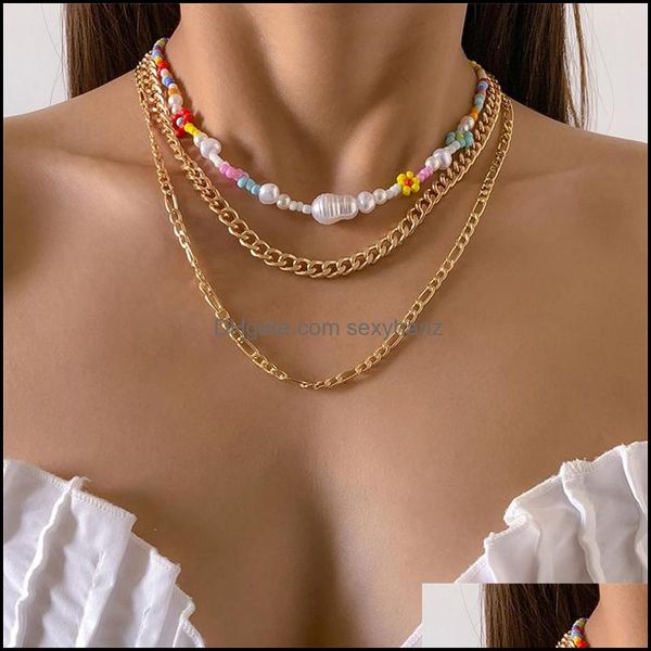 

beaded necklaces & pendants jewelry bohemian baroque pearl flower rice mti layer alloy gold thick clavicle chain women vacation beach party, Silver