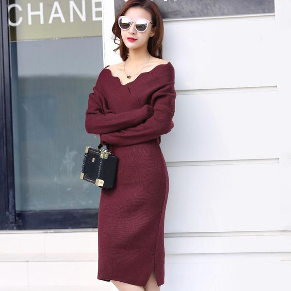 

casual dresses women elegant deep v neck long sleeve midi knitted dress autumn winter side split bandage wrap hip slim tunic vestido, Black;gray