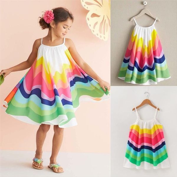 

boho toddler kids baby girl dresses summer clothes swing rainbow sleeveless strap party beach sling 1 6y, Red;yellow