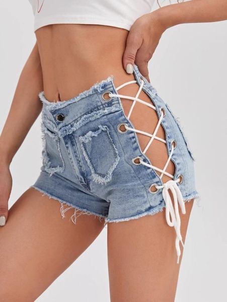

women's shorts 2022 edge side corn bandage denim pocket decoration, White;black