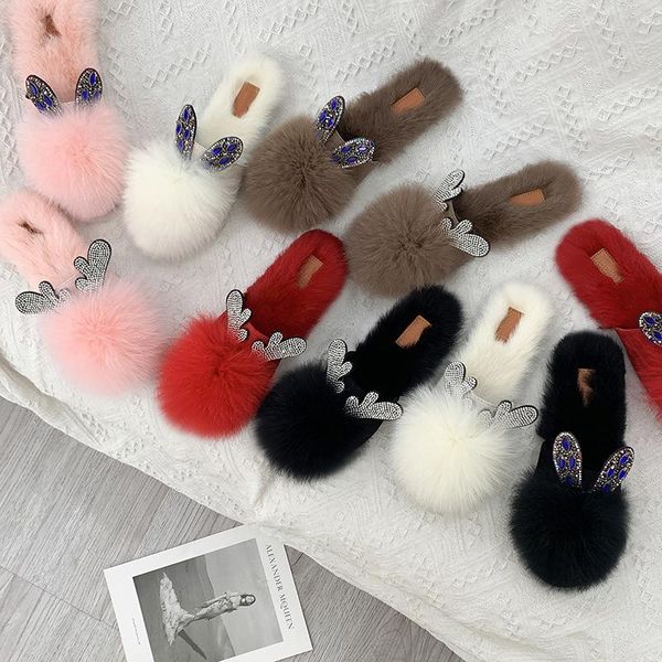 

autumn women slippers 2021 rubber soft sole female shoes furry home casual solid ladies flat bottom plush, Black