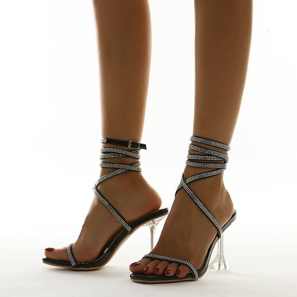 

sandals narrow band ankle strap buckle women crystal clear heeled female gladiator sandals high heels office lady shoes ezkq, Black
