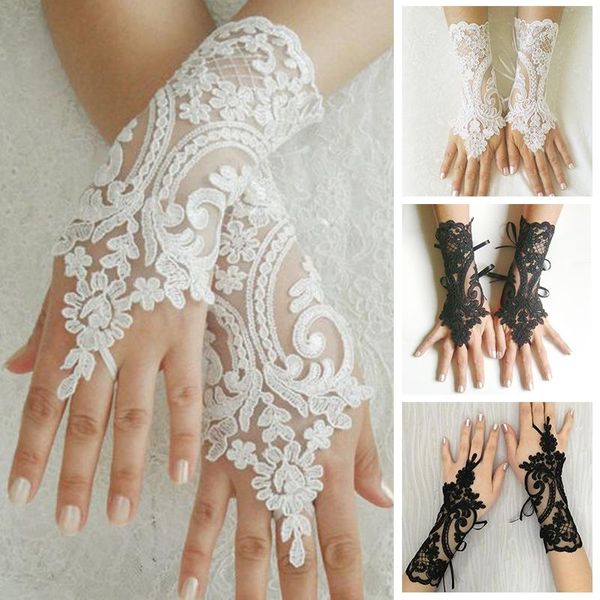 Fünf Finger Handschuhe Weiß Hochzeit Elfenbein Schwarz Spitze Braut Mädchen Party Fingerlose Handschuh Damen Blume Guantes Zubehör