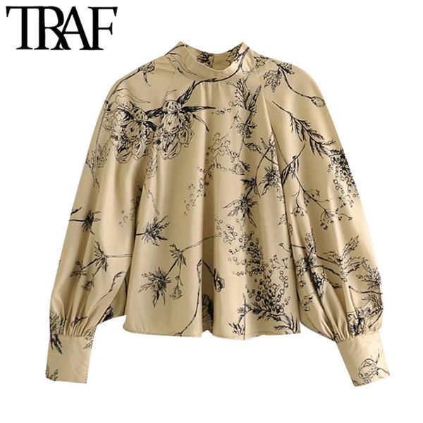 

traf women fashion floral print loose blouse vintage long sleeve back buttons female shirts blusas chic 210730, White