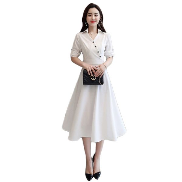 

summer chiffon dress women half sleeve white high waist slim black single-breasted pleated shirt dresses feminina lr780 210531, Black;gray