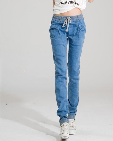 

salecasual elastic waist mid denim women jean loose plus size harem pants, Blue