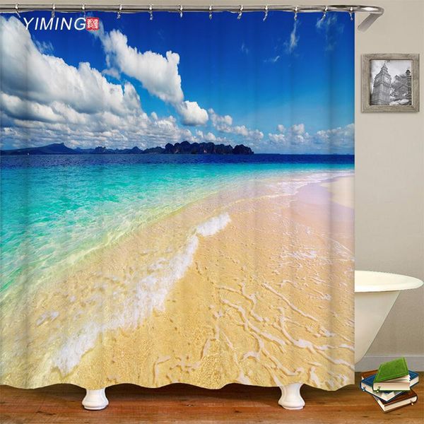 

sunny beautiful beach seaside scenery printing bathroom shower curtain polyester waterproof home decoration with hook curtains