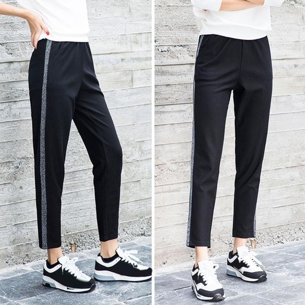 

women's pants & capris women stretch waist cropped fashion students sports running trousers d88, Black;white