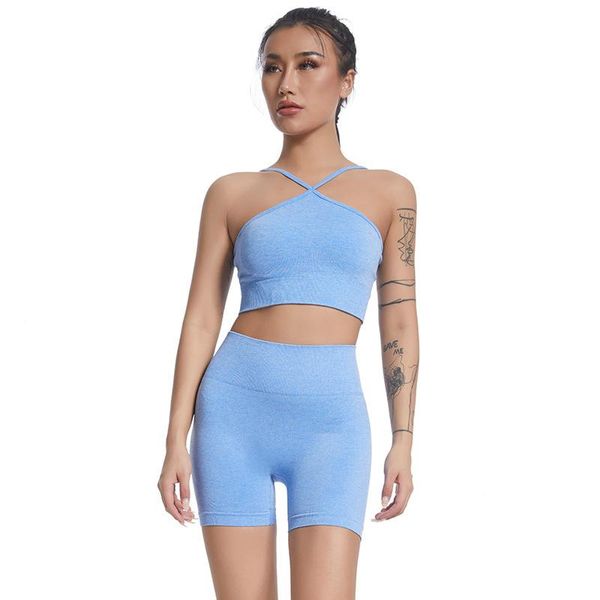 

yoga outfit seamless set women female two 2pcs piece crop bra pust up shorts sportwear workout fitness gym suit cothing