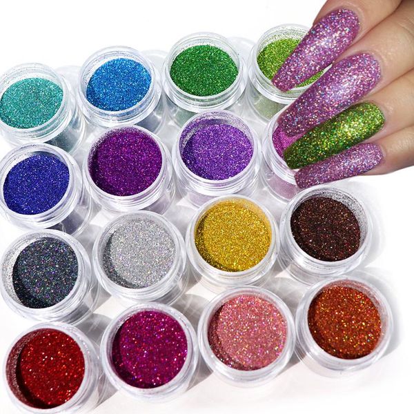 

16pcs laser nails glitter powder colorful sparkly holographic chrome pigment dust for gel polish nail art manicure decorations, Silver;gold