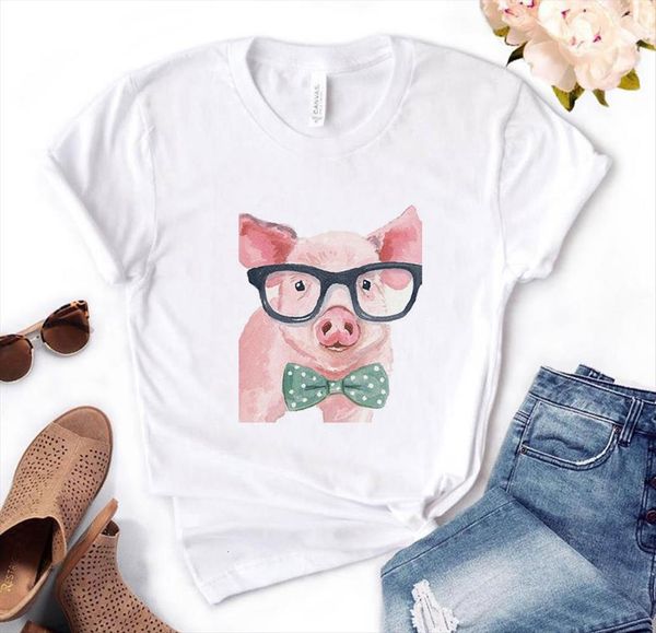 

pig bow print cotton womens t shirts casual funny yong girl tee pm 81, White