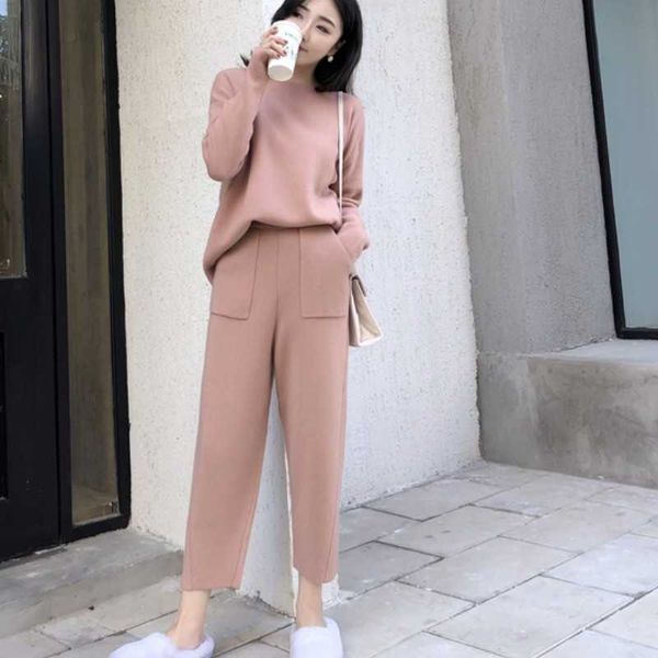 

knitted 2 pieces set tracksuits women autumn winter thick warm o-neck loose sweater+ankle-length pants cashmere suit 210526, White