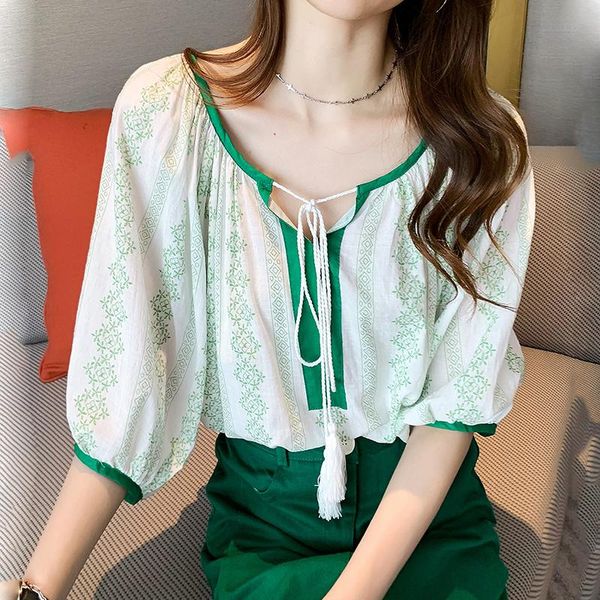 

women's blouses & shirts vintage ethnic style loose blouse women casual drawstring plus size half sleeve shirt ladies print green, White