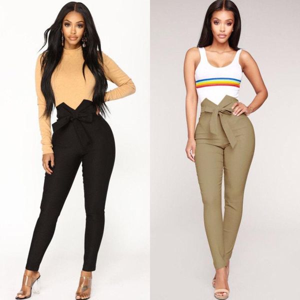 

women's pants & capris women slim skinny high waist belted legging long pencil trousers, Black;white