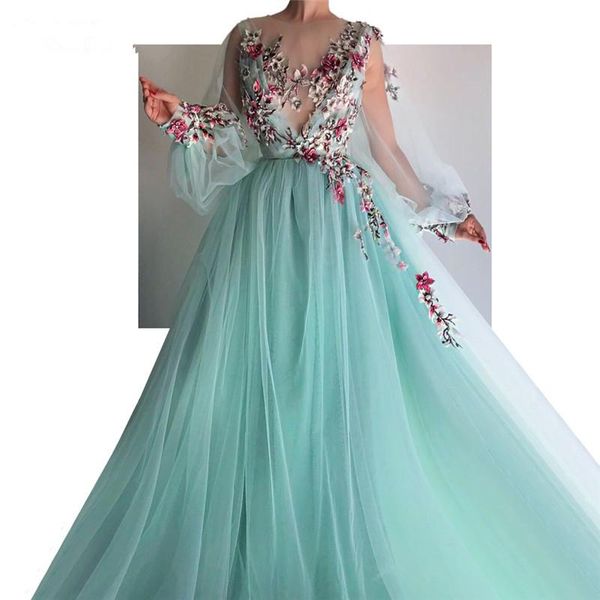 

party dresses turquoise muslim evening a-line long sleeves tulle flowers islamic dubai saudi arabic formal gown, White;black