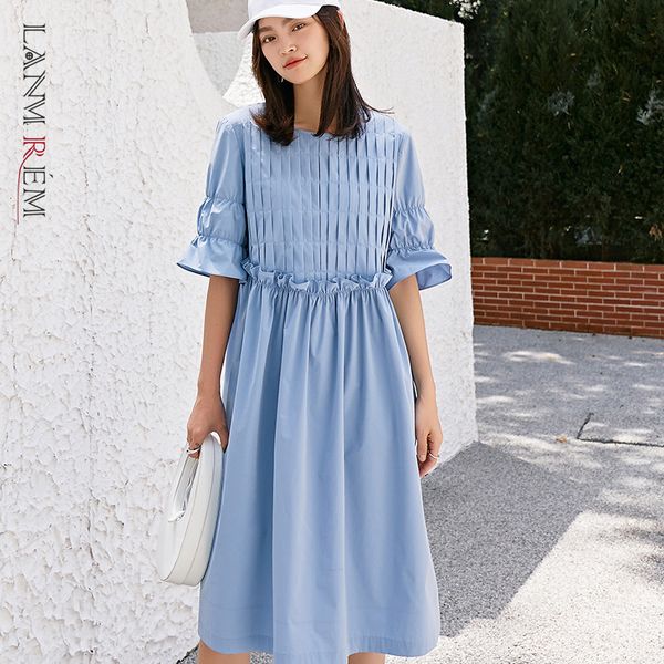 

women blue ruffle dress round neck short flare sleeve loose fit female fashion summer arrivals 2e1833 210507, Black;gray