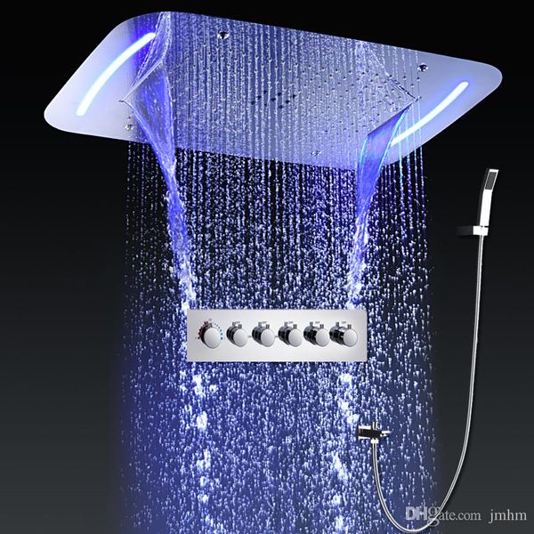 Europe Design Top-Badezimmer 710 x 430 mm Regenwasserfall mit mehreren Funktionen, Deckeneinbau-LED-Armaturen-Set, Thermostat-Badewannen-Duschset