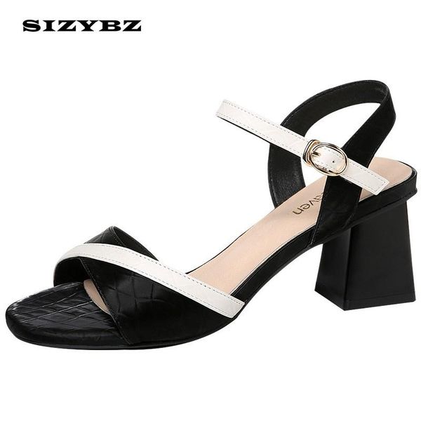 

sandals peep toe high heels square heel women summer shoes woman fashion shallow gingham buckle strap chain female, Black