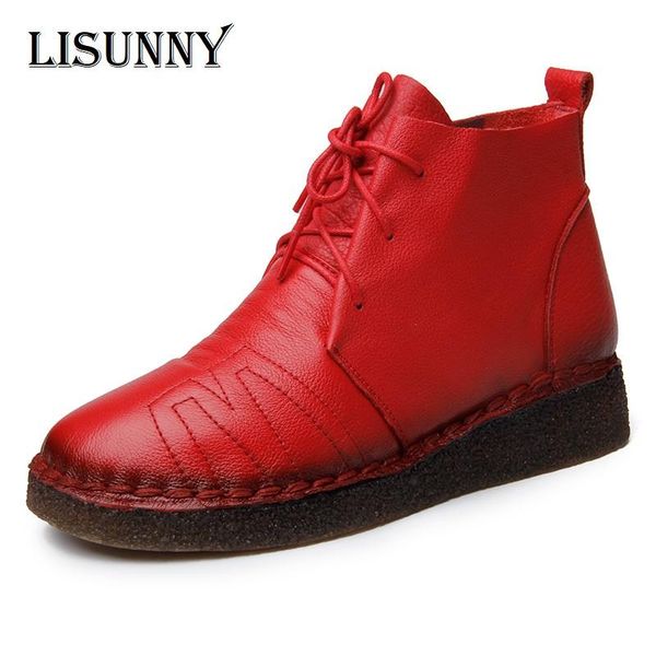 

boots lisunny women 2021 retro style genuine leather flat ankle zipper thick warm wool fashion female shoes, Black