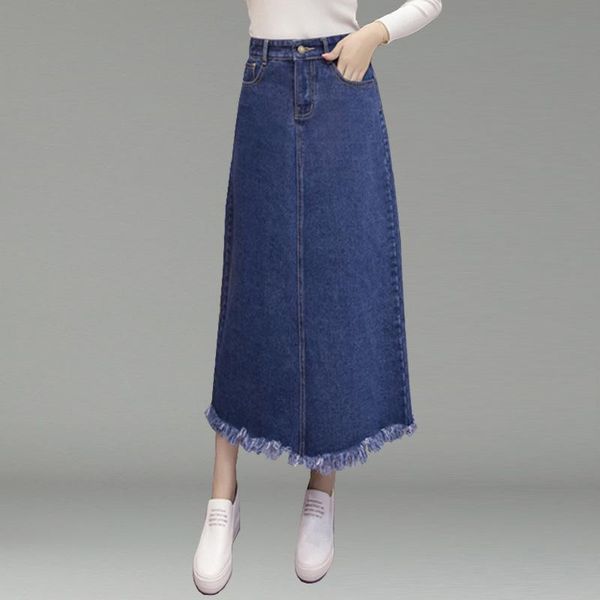 

skirts 2021 spring&autumn denim blue women long skirt a- line jupe femme ovesize casual tassel plus size cotton, Black