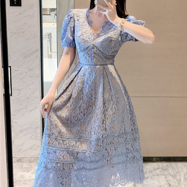 

casual dresses hollow out dress for women v neck puff short sleeve lace bowknot elegant female fashion clothes iu9t, Black;gray