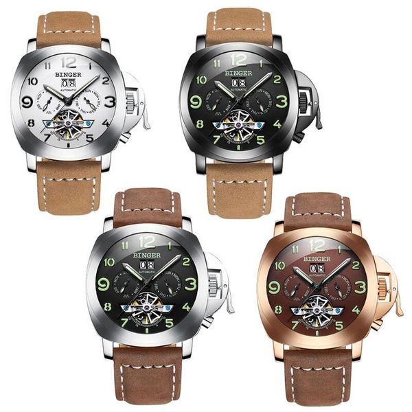 

wristwatches genuine binger 1170 eagle series mechanical men's watch classical business leather chronography fashion waterproof crystal, Slivery;brown