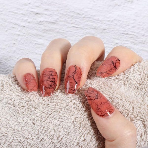 

false nails 24 pcs/bag detachable coffin fake wearable women fashion short ballerina manicure tool full cover nail tips, Red;gold