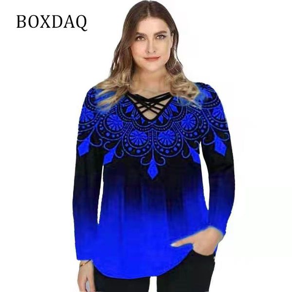 

plus size t-shirt boxdaq oversized women gradient cross v-neck print shirt autumn long sleeve casual loose ladies 4xl 5xl blouses, Black