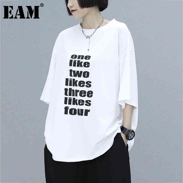 [EAM] Donne Bianco Lettera Stampa Big Size T-shirt Round Neck Three Quarter Sleeve Fashion Fashion Fashion Primavera Estate 1D7624 21512