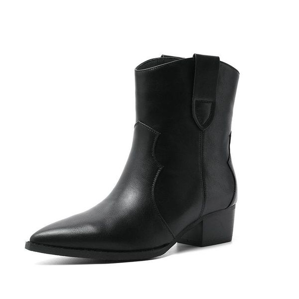 

boots natural leather western cowboy autumn winter women thick low heel ankle pointed toe fashion ladies shoes, Black