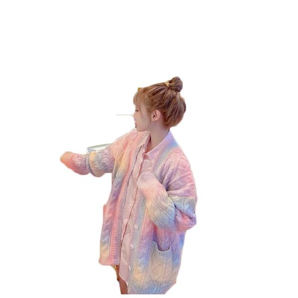 

women's knits & tees sweater women 2021 spring and autumn college style japanese rainbow long-sleeved knit loose lazy cardigan sweaters, White