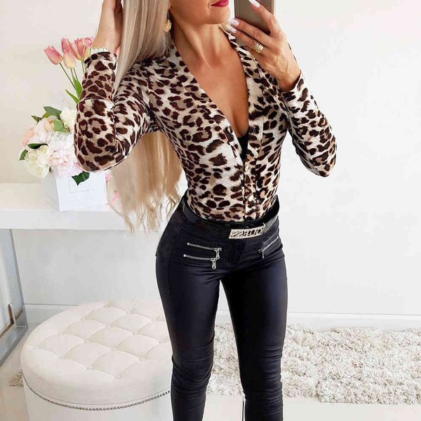 Женщины Leopard Low-Cut Slim Bodysuits осень зима кнопка глубоко V шеи сексуальный боди офисная дама Bodycon комбинезон женский 210507