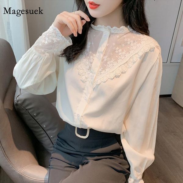 

women's blouses & shirts 2021 autumn korean lace shirt loose chic spliced solid long sleeve blouse women apricot office button ladies, White